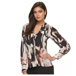 Jennifer Lopez watercolor lace up sleeves blouse high low button down V neck 1X